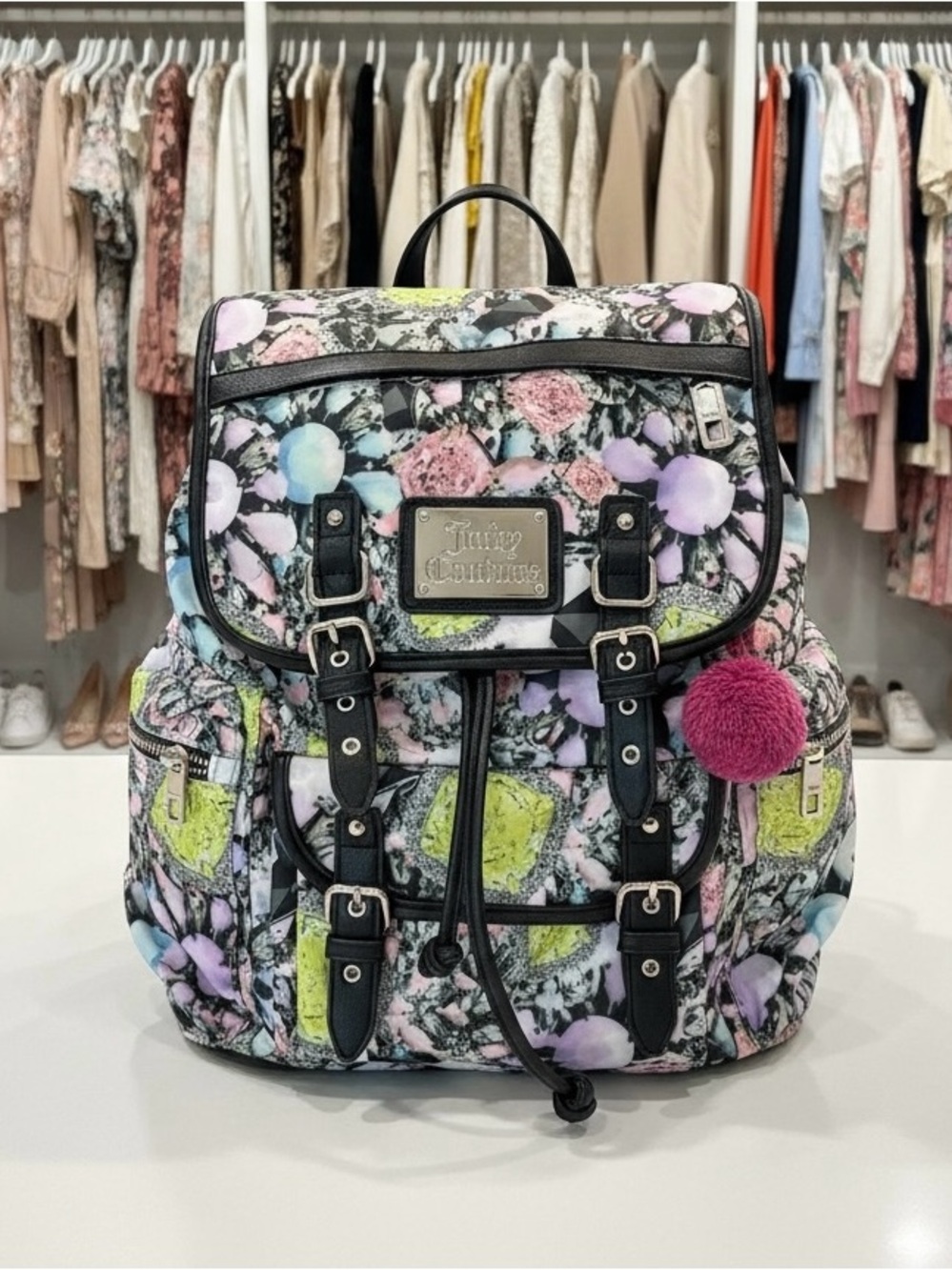Juicy Couture Multicolor Gem Print Backpack with Pink Pom Charm